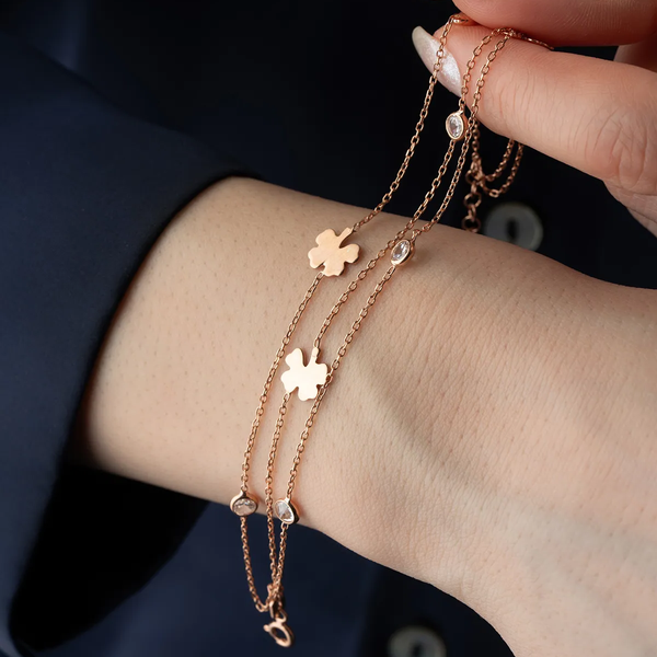 Rose Plated Sterling Silver Clover Multi-Strand Chain Bracelet