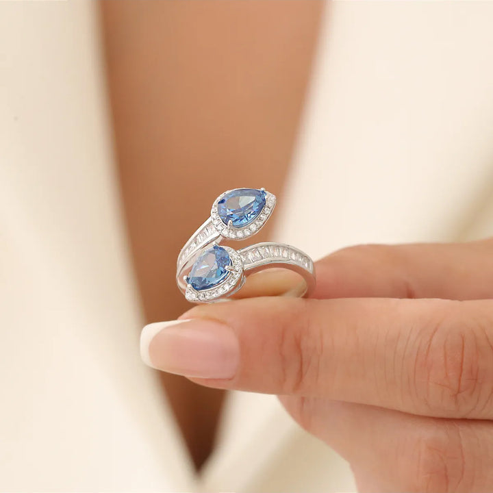 Blue Stone Sterling Silver Ring Elegant Water Drop Crystal