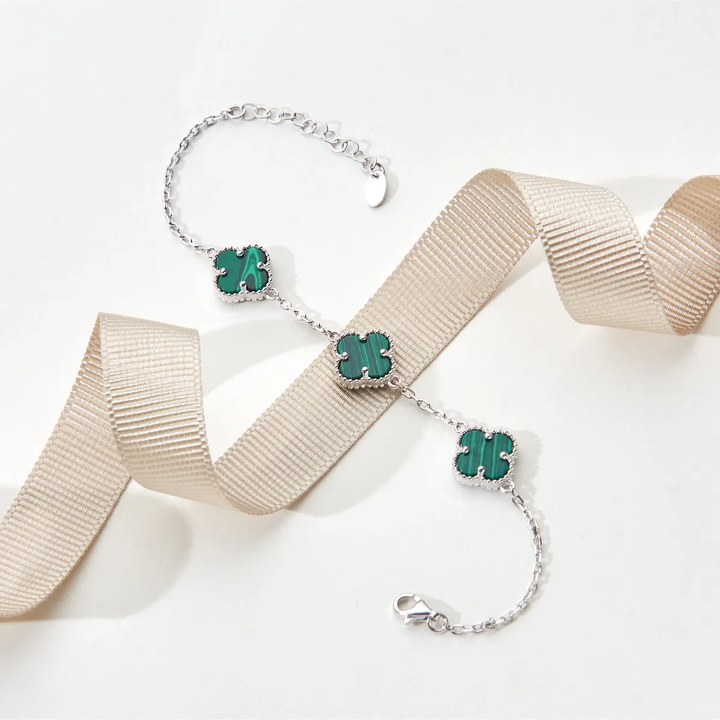 Silver & Green Stone Clover Bracelet