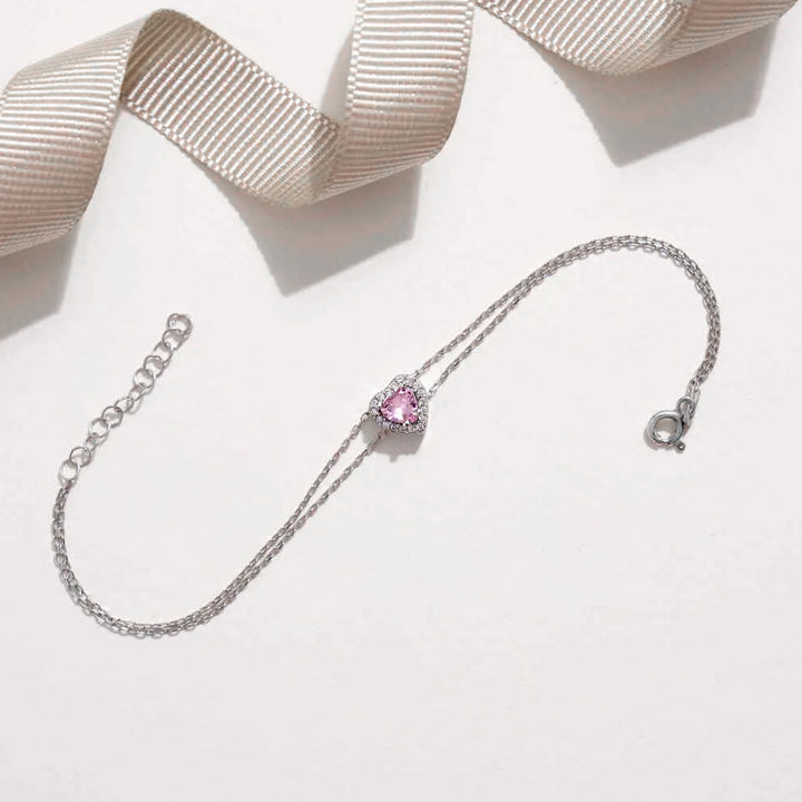 Sterling Silver Pink and Clear CZ Heart Halo Bracelet