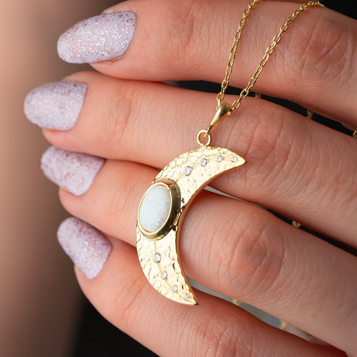 gold moon necklace with stones