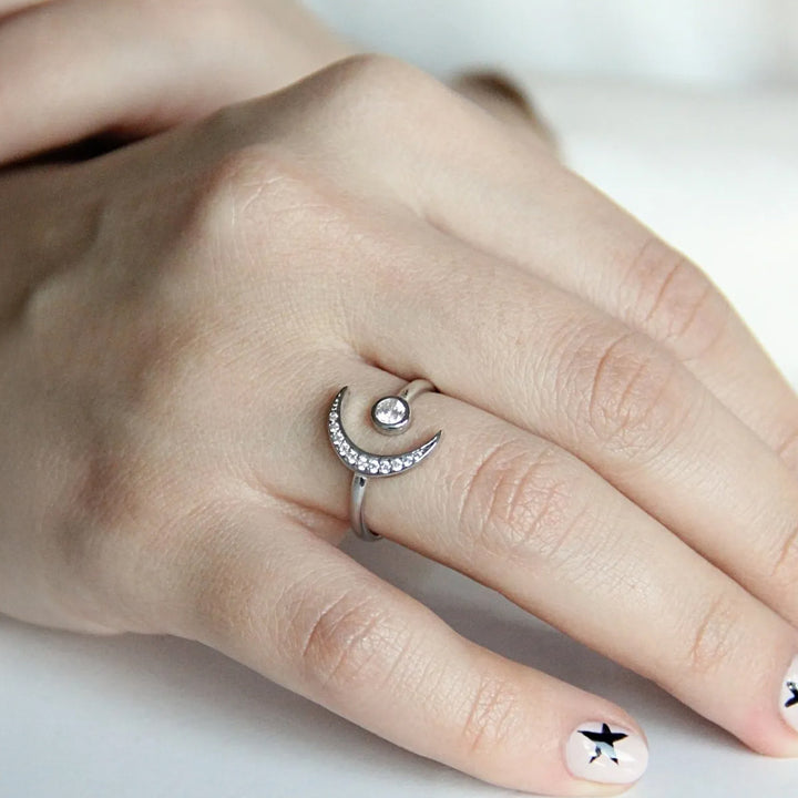 Silver Crescent Moon and Star Ring