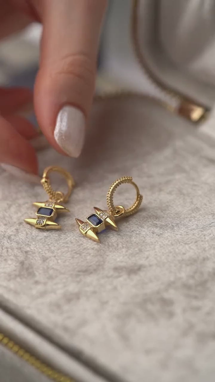 Gold Minimalist Sapphire Blue CZ Dangle Hoop Earrings