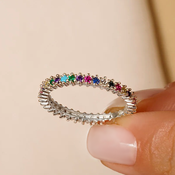 Single Row Mixed Colors Zircon Stone Eternity Silver Ring