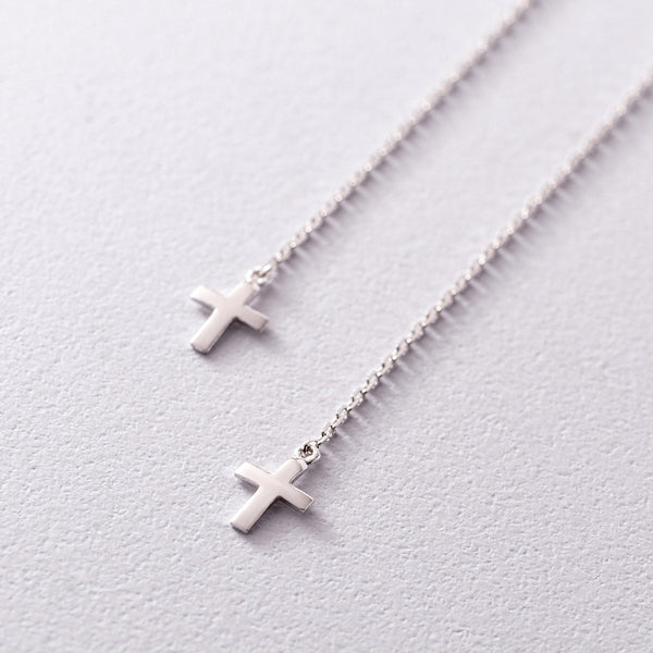 Cross Charm Drop Threader Earrings Silver Jewelry