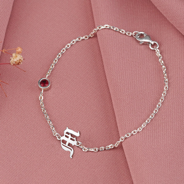 Old English Initial on Chain Silver Birthstone Bracelet - J F W