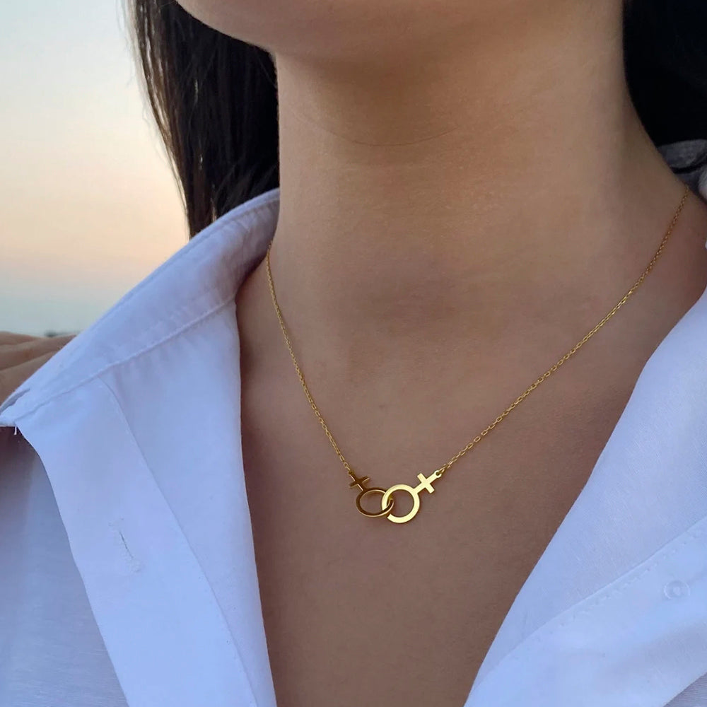 Gold Lesbian Necklace Double Venus Charm LGBT Pride Jewelry Gift